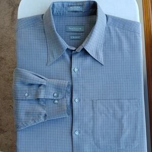 Van Heusen Grey Checks Microfiber Button-up Shirt Mens L 16.5 repaired vtg y2k